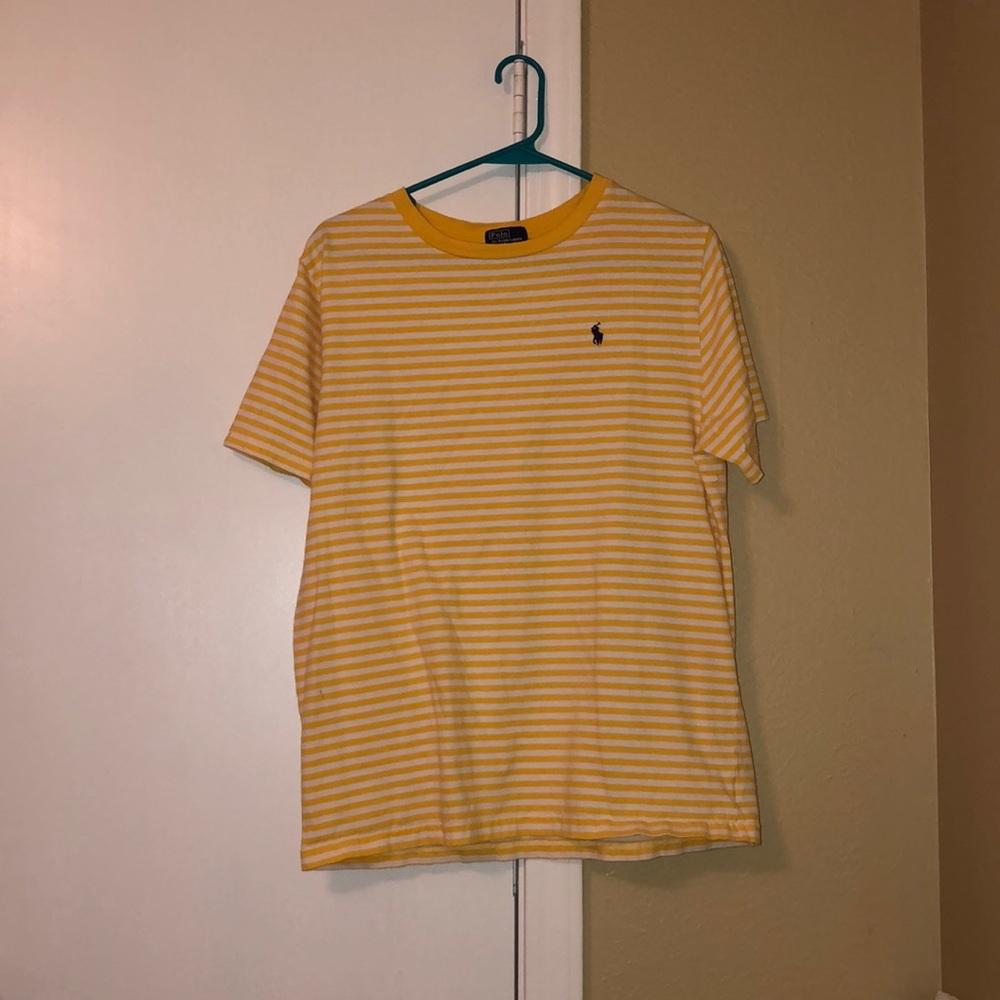 Yellow and white striped polo shirt
